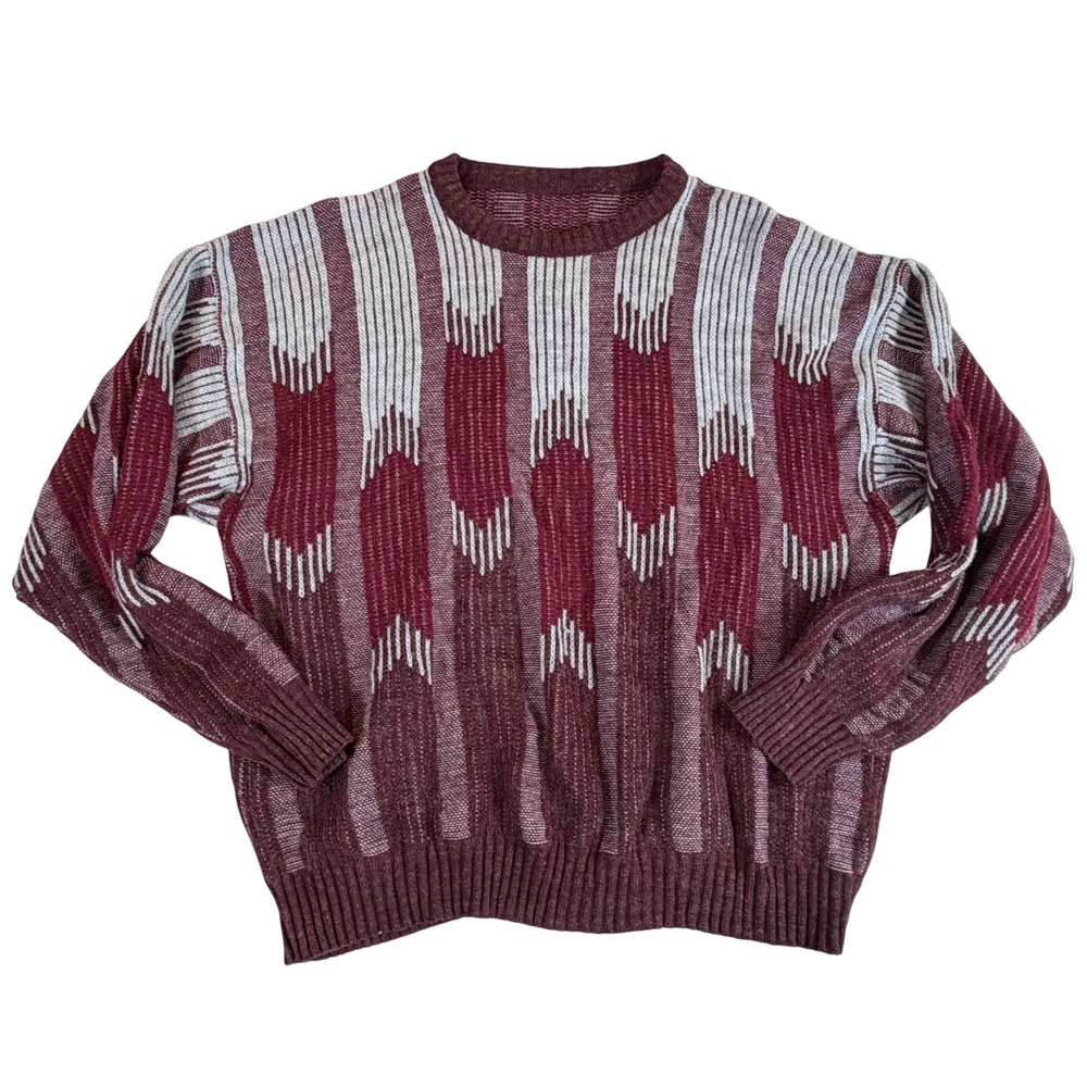 Vtg Geometric Knit Sweater Burgundy Maroon Grandpa Indie Grundge 90's Mens L/XL